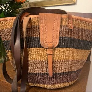 Large Market Tote Sisal Jute and Leather Woven Pattern Hand Made